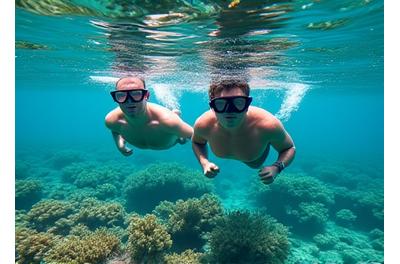 Guests snorkeling in clear blue water near a coral reef