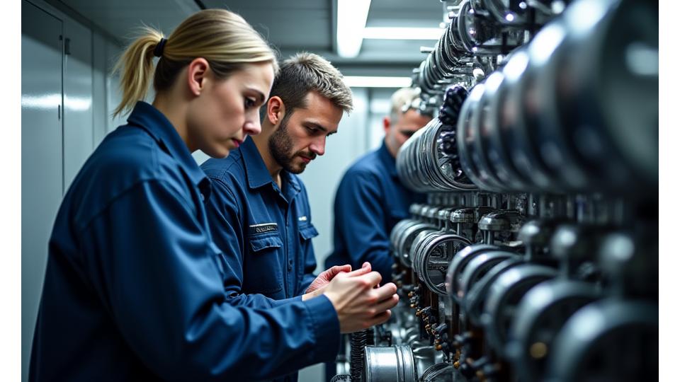 Marine engineers inspecting a yacht engine